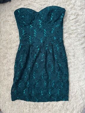 B Darlin Teal Lace Strapless Sequin Cocktail Dress